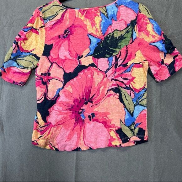 Chicos medium Linen Floral Ruched Sleeve Tee - Picture 2 of 16